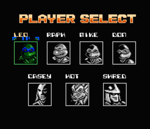 Все семеро бойцов Teenage Mutant Ninja Turtles: Tournament Fighters (NES)