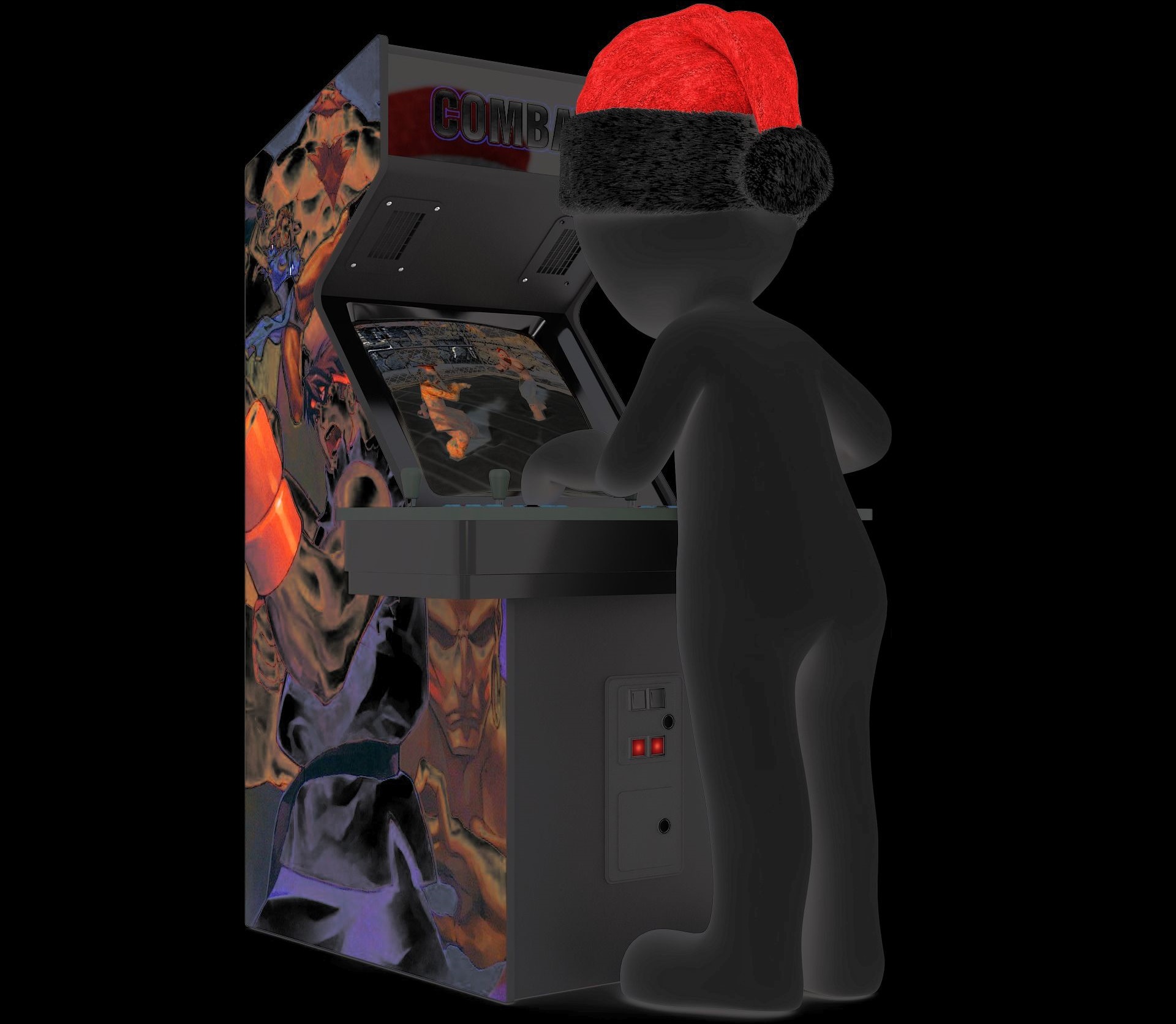 Человек в колпаке Санта-Клауса играет в аркадный автомат